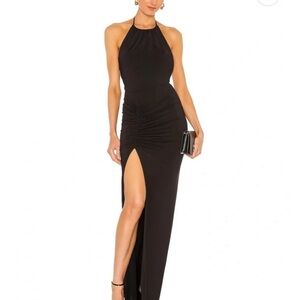 Black Halter Ruched Gown with Thigh Slit Michael Costello Revolve Addison dress
